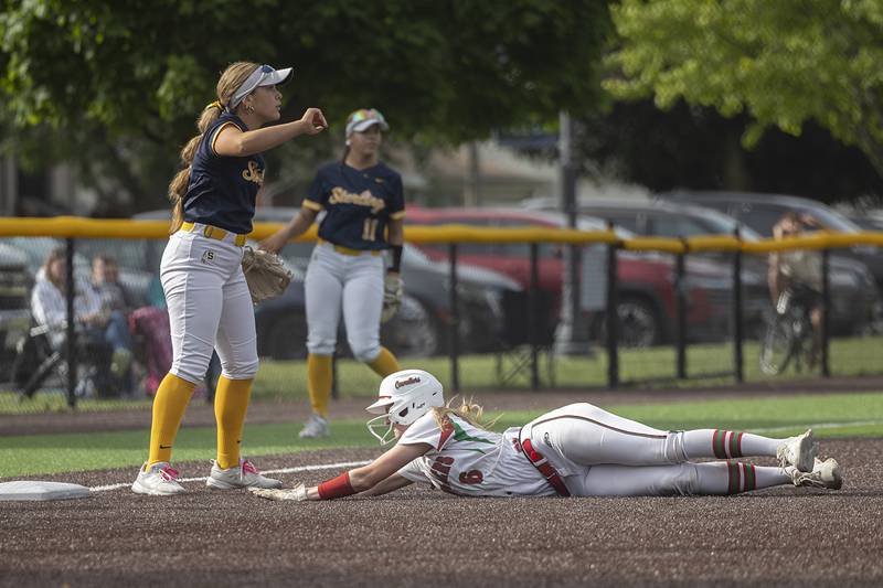 L-P’s Maggie Boudreau slides in safe at third after getting into a run-down against Sterling Tuesday, May 19, 2026, at the Class 3A softball regionals at Sterling.