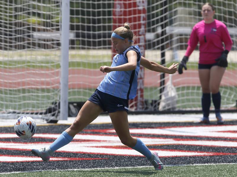 Nazareth Academy's Esme Bleskin kicks the ball away during a IHSA Class 2A State Girls Soccer semifinal match against St. Ignatius College Prep on Friday, June 6, 2025, at North Central College in Naperville.