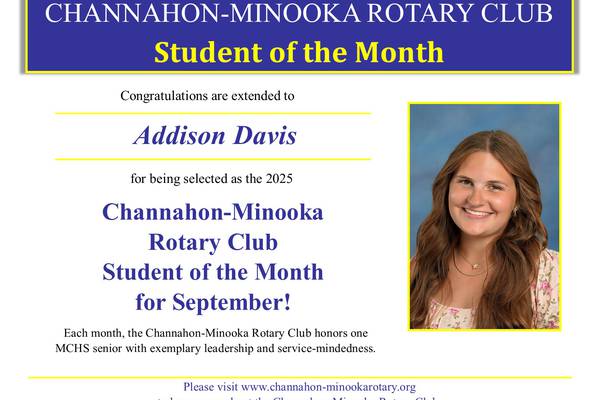 Channahon-Minooka Rotary names Minooka High’s Addison Davis September Student of the Month