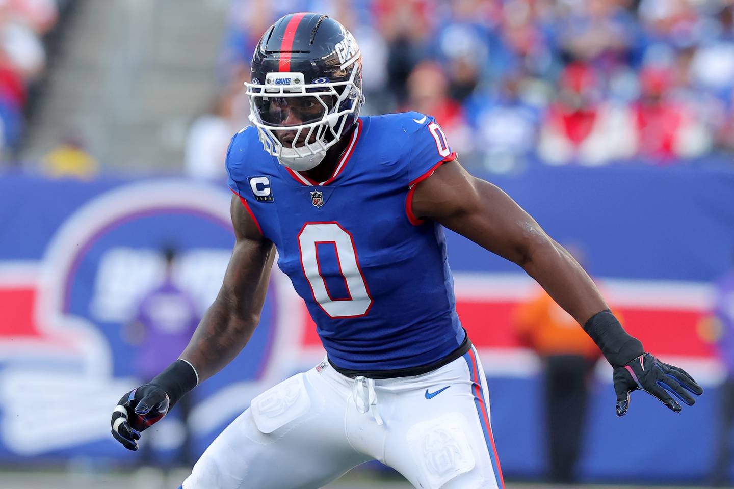 New York Giants linebacker Brian Burns (0) in action against the San Francisco 49ers during an NFL football game on Sunday, Nov. 2, 2025, in East Rutherford, N.J. (Brad Penner/AP Images for Panini)