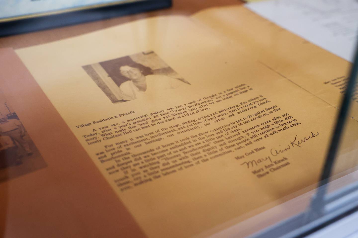A letter from then-chairman Mary Ann Kirsch greets village residents and friends in the 1975 Centennial celebration program. It begins, "A year ago, a centennial pagaent was just a seed of thought in a few minds. Today, after a year's gestation we have "Hooray Bourbonnais," not a pageant, but a story. What made this 'seed' grow and blossom into what we see today on stage ... can best be described as a labor of love."