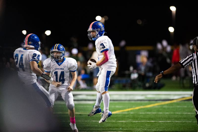 Joliet Central's Jayden Poplawski celebrates his interception  during a game against Plainfield Central on Friday Oct. 11, 2024 at Plainfield Central High School
