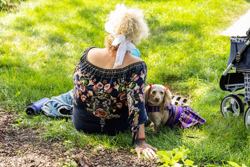 Martha Ochoa, of Berkeley, IL, and her pup Ruby, wearing a new dress purchased at Barro Fest, enjoys the entertainment at Settlers' Park in Plainfield on July 27, 2024.
