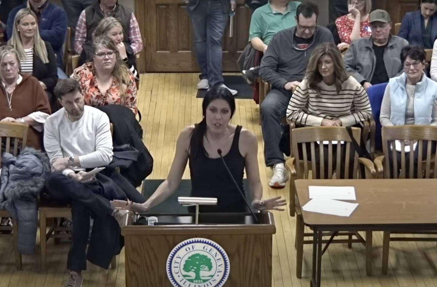 Geneva resident Katherine Lapetina speaks to the City Council March 3 about her opposition to the Burton Foundation building affordable housing on Third Street.