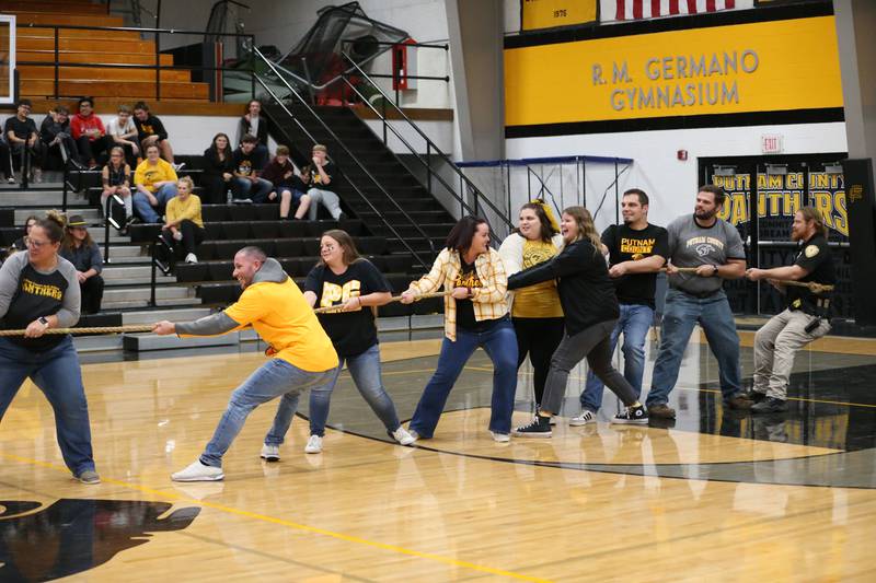 Putnam County High School faculty and staff play tug-of-war during the football Homecoming Pep Rally on Friday, Sept. 27, 2024 at Putnam County High School in Granville.