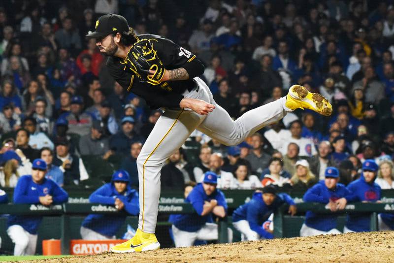 Pittsburgh Pirates pitcher Colin Holderman throws a pitch during during a game at the Chicago Cubs at Wrigley Field in Chicago Wednesday, June 14, 2023.