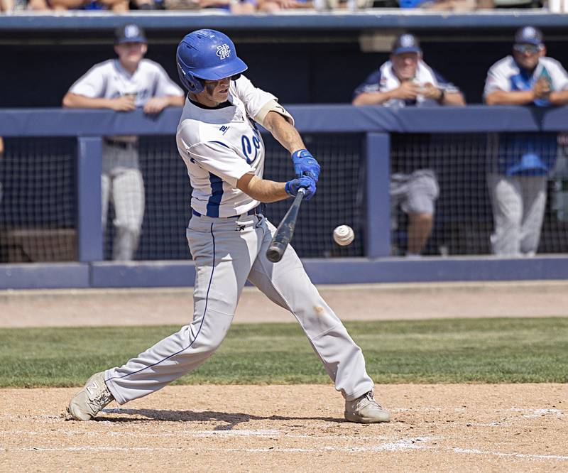 Newman’s Nolan Britt drives the ball against Goreville Saturday, June 3, 2023 during the IHSA class 1A third place baseball game.