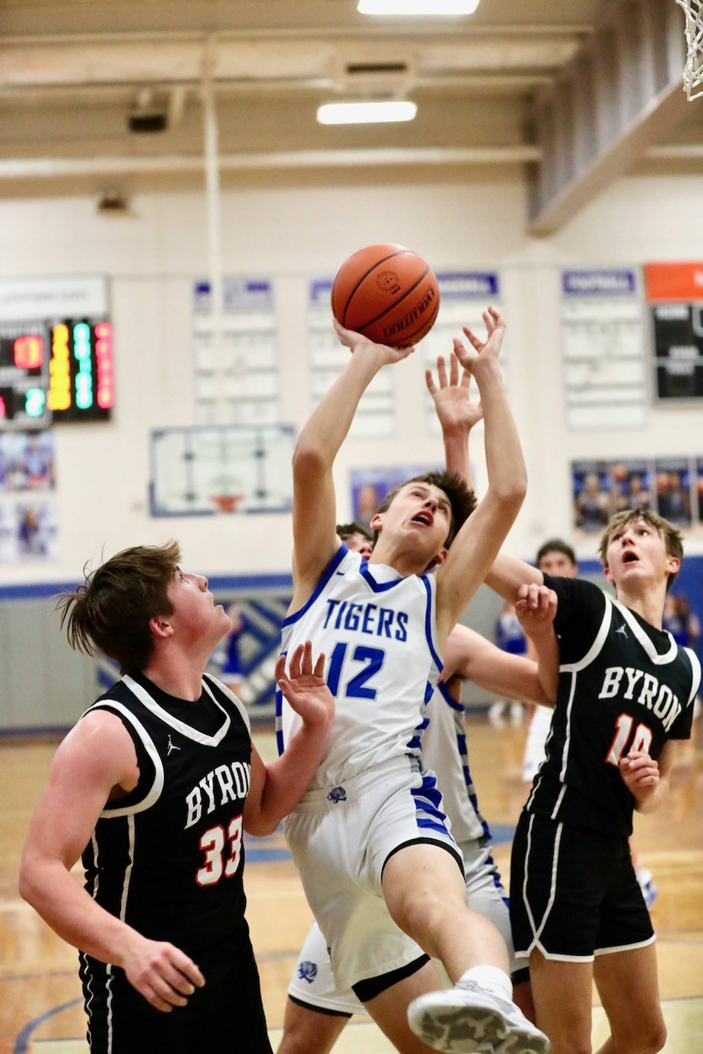 Princeton's Tyson Phillips draws a crowd on a shot against Byron Tuesday night at Prouty Gym.
