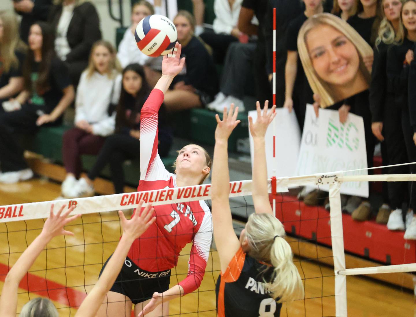 L-P's Aubrey Duttliger sends a kill past Washington's Haley Ashley during the Class 3A Sectional final game on Thursday, Nov. 6, 2025 in Sellett Gymnasium at L-P High School.