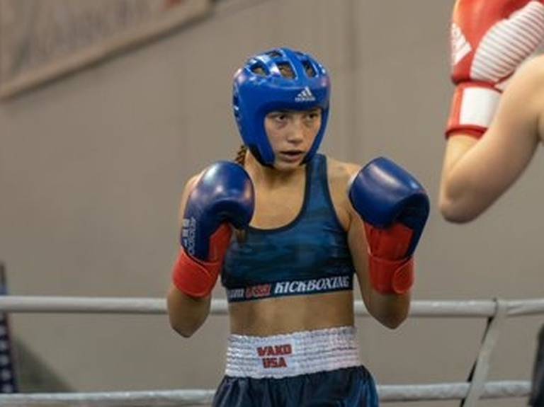 Marengo High School senior Cheyenne Welker, shown here competing, won the bronze medal in her division at the WAKO Junior World Championships Oct. 3-9, 2022, in Italy.