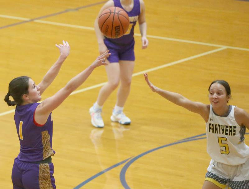 Mendota's Ava Eddy shoots a jump shot over Putnam County's Eme Bouxsein during the Princeton High School Lady Tigers Holiday Tournament on Tuesday, Nov. 14, 2023 in Prouty Gym.