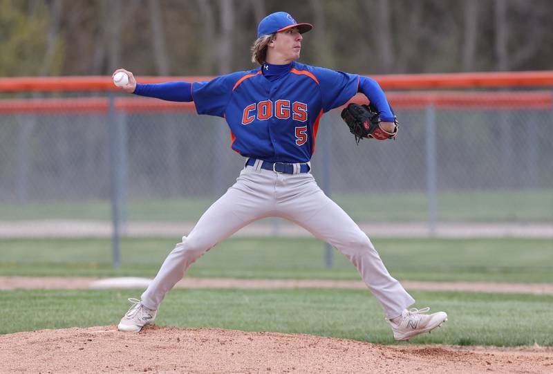 Genoa-Kingston's Aiden Awe delivers a pitch during their game against Rockford Lutheran Tuesday, May 2, 2023, at Genoa-Kingston High School.