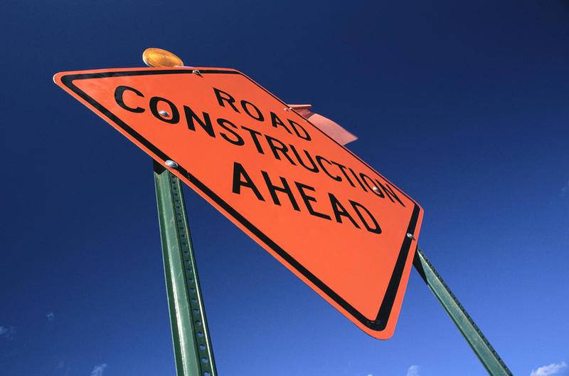 Road construction sign, low angle view