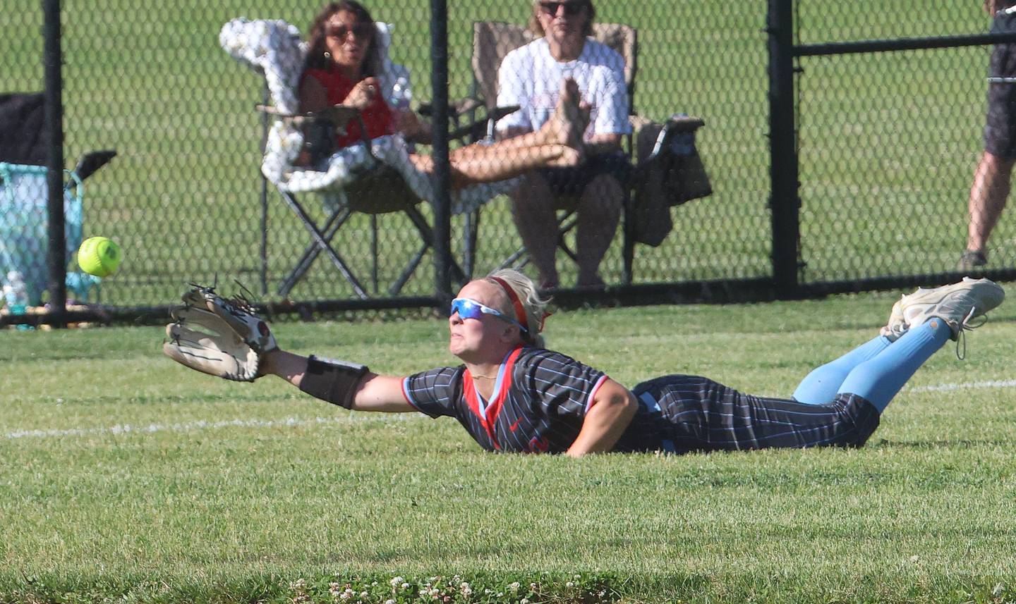 Ottawa's Reese Purcell dives and misses the ball during the Class 3A semifinal game on Tuesday, May 26, 2026 at the L-P Athletic Complex in La Salle.