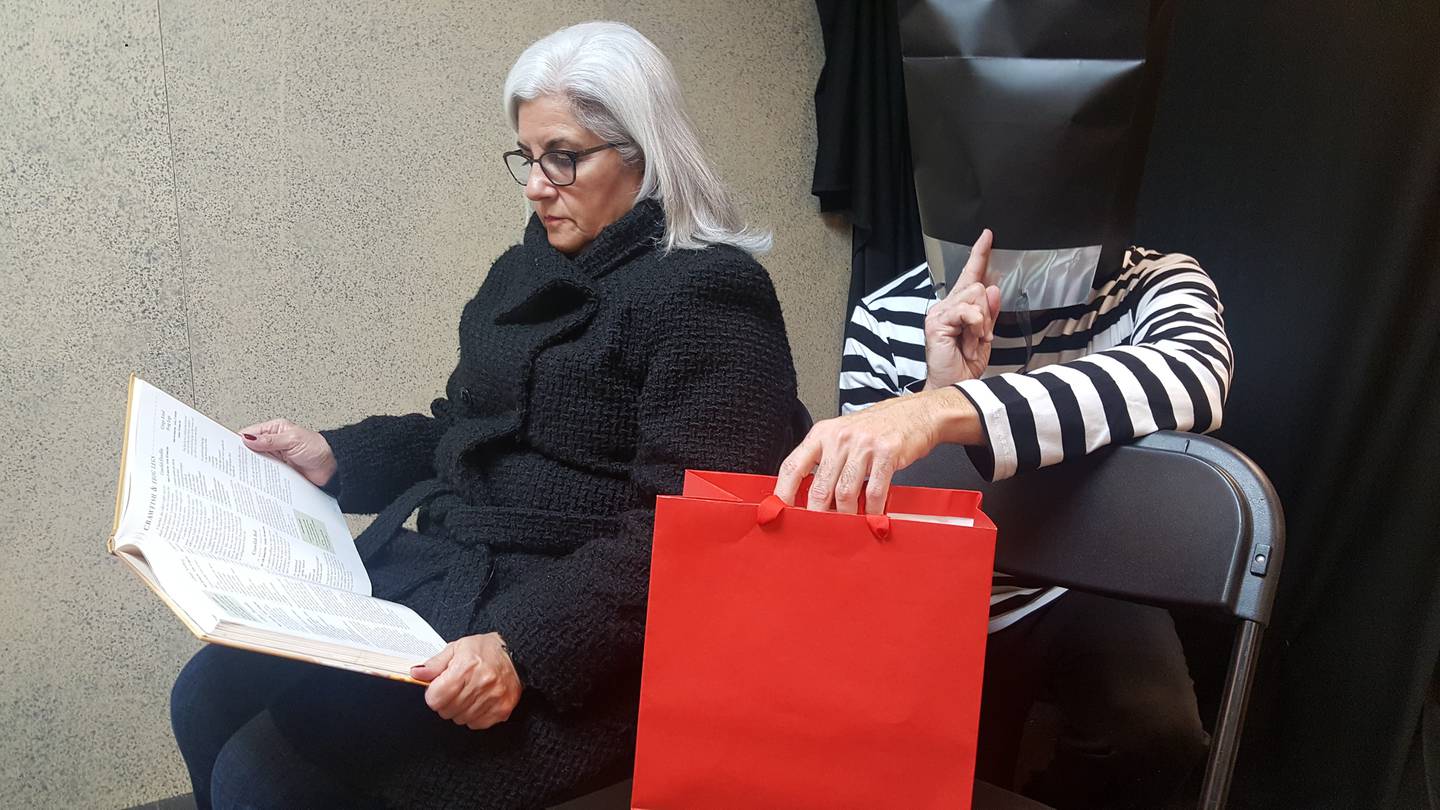 Eve (Gail Cannata) is unaware that Holiday Thief (Carl Zeitler) is after "Seasonal Bags" at STC Theater [L to R: Gail Cannata, Carl Zeitler] [photo credit: Debbi Dennison]