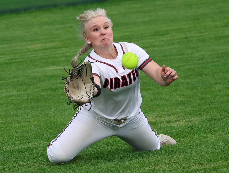 Ottawa's Reese Purcell makes a diving catch Friday, April 17, 2026, during thier game at Sycamore High School.