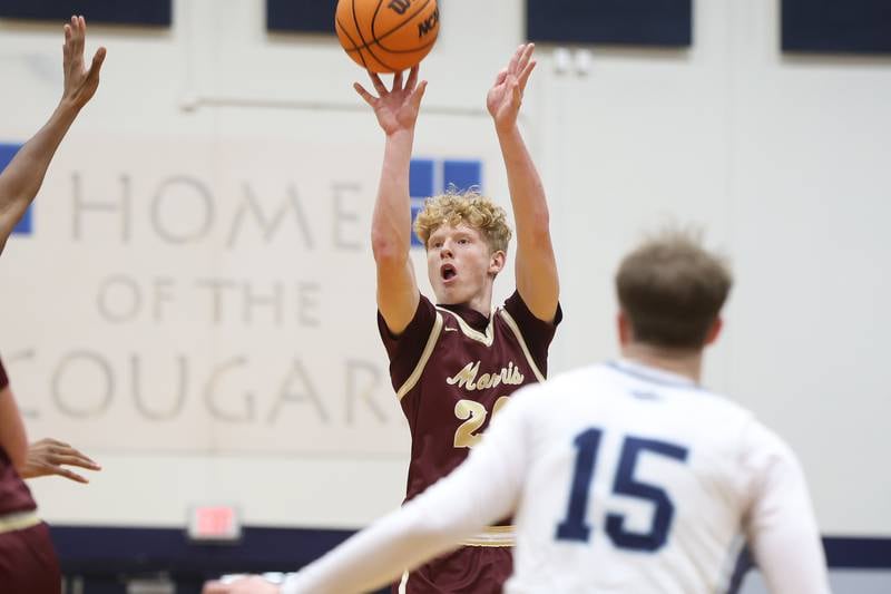 Morris’ RJ Kennedy puts up an outside shot against Plainfield South on Wednesday, Jan. 28, 2026 in Plainfield.