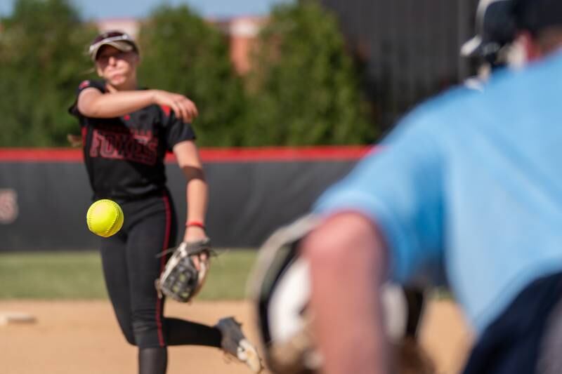 Yorkville's Madi Reeves (2) delivers a pitch against Plainfield North during the Class 4A Yorkville Regional softball final at Yorkville High School on Friday, May 26, 2023.