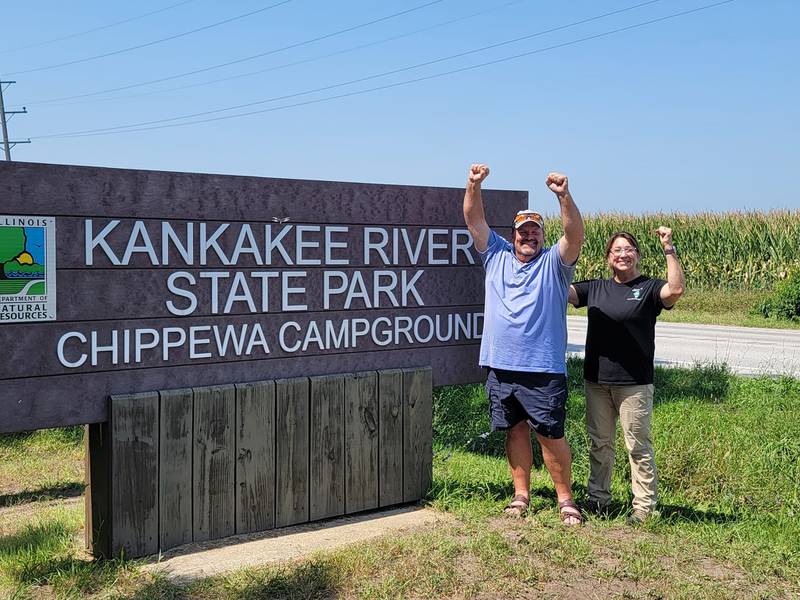 State Senator Patrick Joyce and Chippewa Campground site supervisor Stacey Johnson stand outside the campground entrance celebrating the reopening.