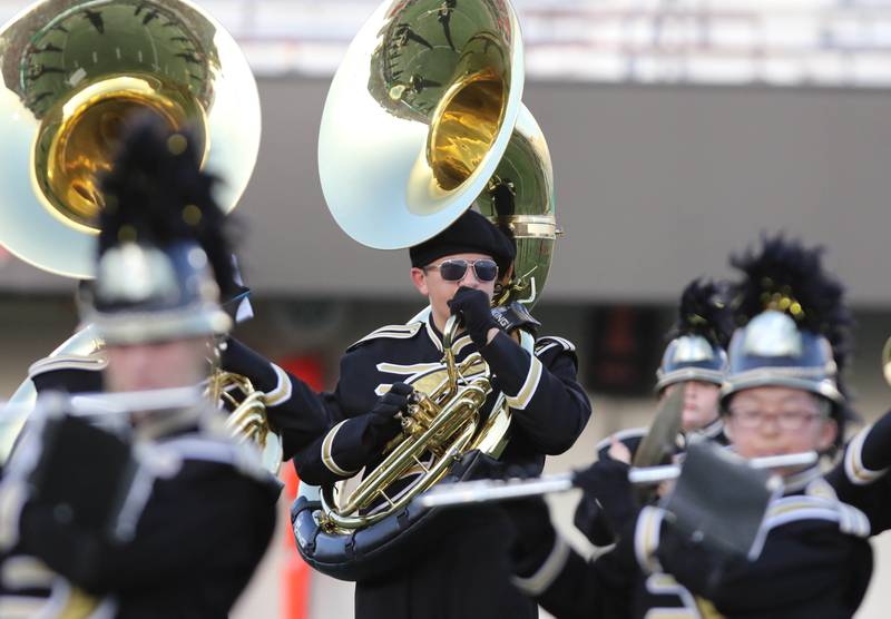 The Sycamore band performs before the First National Challenge game Friday, Aug. 25, 2023, in Huskie Stadium at Northern Illinois University in DeKalb.