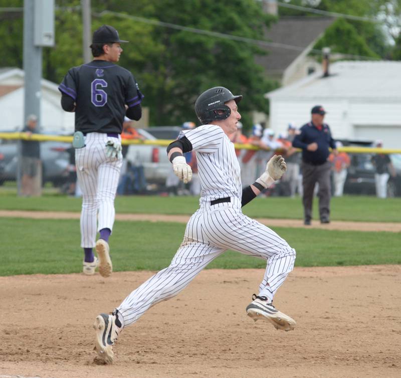 Fulton's Braedon Meyers runs the bases after hitting a triple against Rockford Lutheran at the 1A Lena-Winslow Sectional on Wednesday, May 28, 2025. The Steamers won the game 4-1 to advance to Saturday's sectional final.