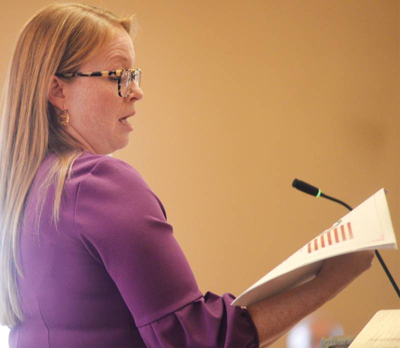 Kelleigh Miller speaks during the public comment period at  the Tuesday, July 15, 2025, county board meeting in Oregon.