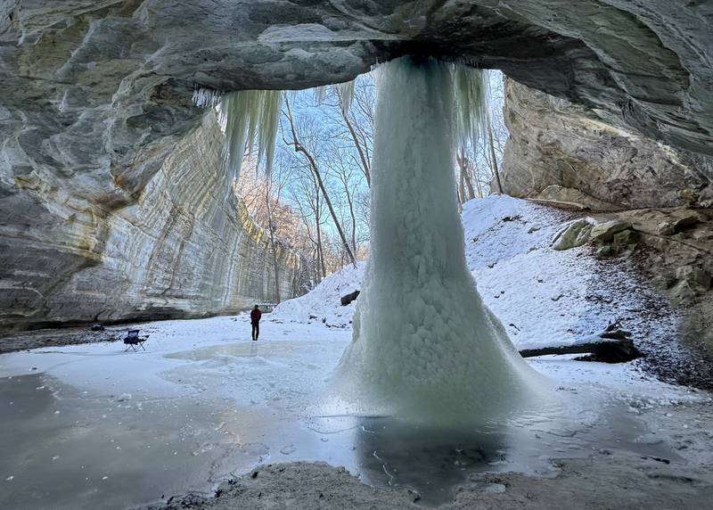 Ice climbers climb a 35-foot frozen waterfall in Ottawa Canyon at Starved Rock State Park on Friday, Jan. 19, 2024 at Starved Rock State Park. The waterfalls tend to freeze for a brief time during January in Matthiessen and Starved Rock State Parks. Climbers need to sign in & out at the front of the Park Maintenance Building across from the Visitor Center. Climbing is only allowed in 4 canyons at the park.