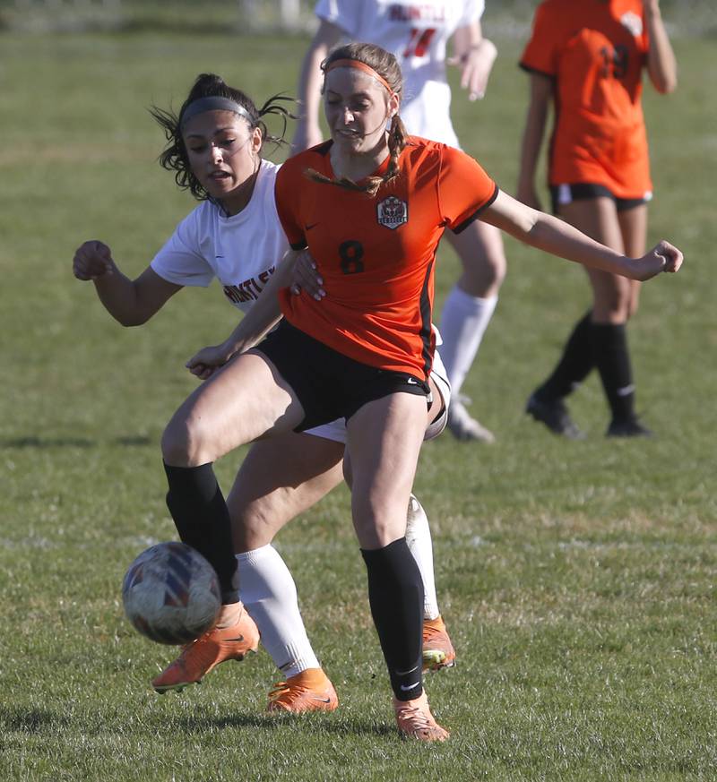 Huntley's Gabi Farraj battles with Crystal Lake Central's Peyton McMahon for control of the ball during a Fox Valley Conference  soccer game on Tuesday, April 9, 2024, at Crystal Lake Central High School.