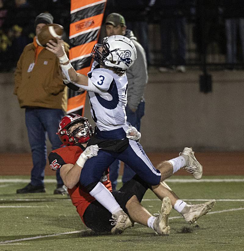 Amboy’s Brennan Blain hauls down Ridgewood’s Ryle Catour during the I8FA championship Friday, Nov.17, 2023 at Monmouth College