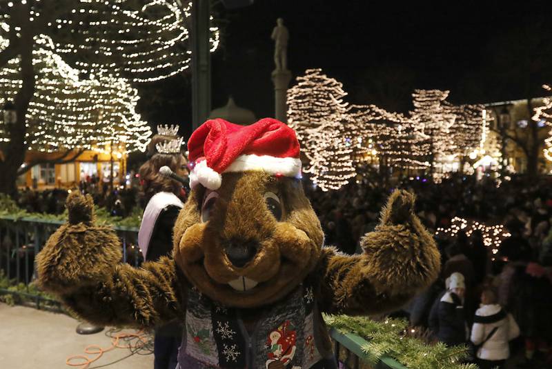 Woodstock Willer celebrates the Lighting of the Square Friday, Nov. 29, 2024, in Woodstock. The annual holiday season event featured brass music, caroling, free doughnuts and cider, food trucks, festive selfie stations and shopping.