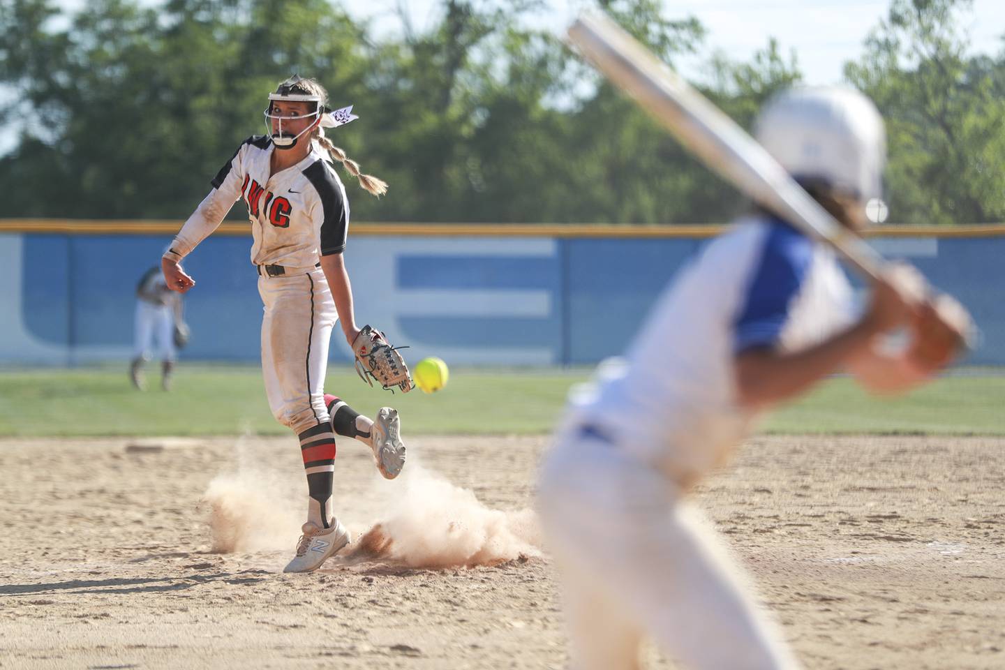 Lincoln-Way Central pitcher Lyndsey Grein delivers a strike on Monday, June 14, 2021, at Carl Sandberg High School in Orland Park, Ill. The Knights defeated the Stars 5-4.