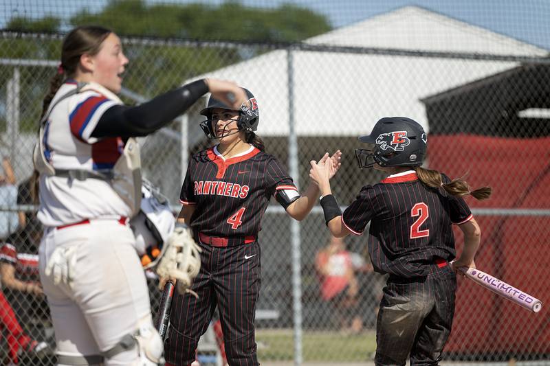 Erie-Prophetstown’s Isabella Olvera (left) and Laken Renkes celebrate a score against Morrison Thursday, May 14, 2026.