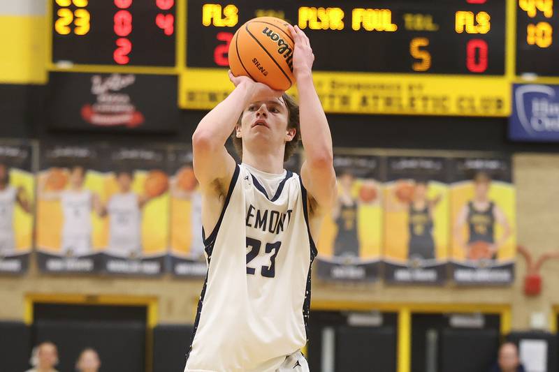 Lemont’s Lucas Glotzbach takes an outside shot against St. Francis in the Class 3A Hinsdale South Regional semifinal game on Tuesday, March 3, 2026 in Darien.