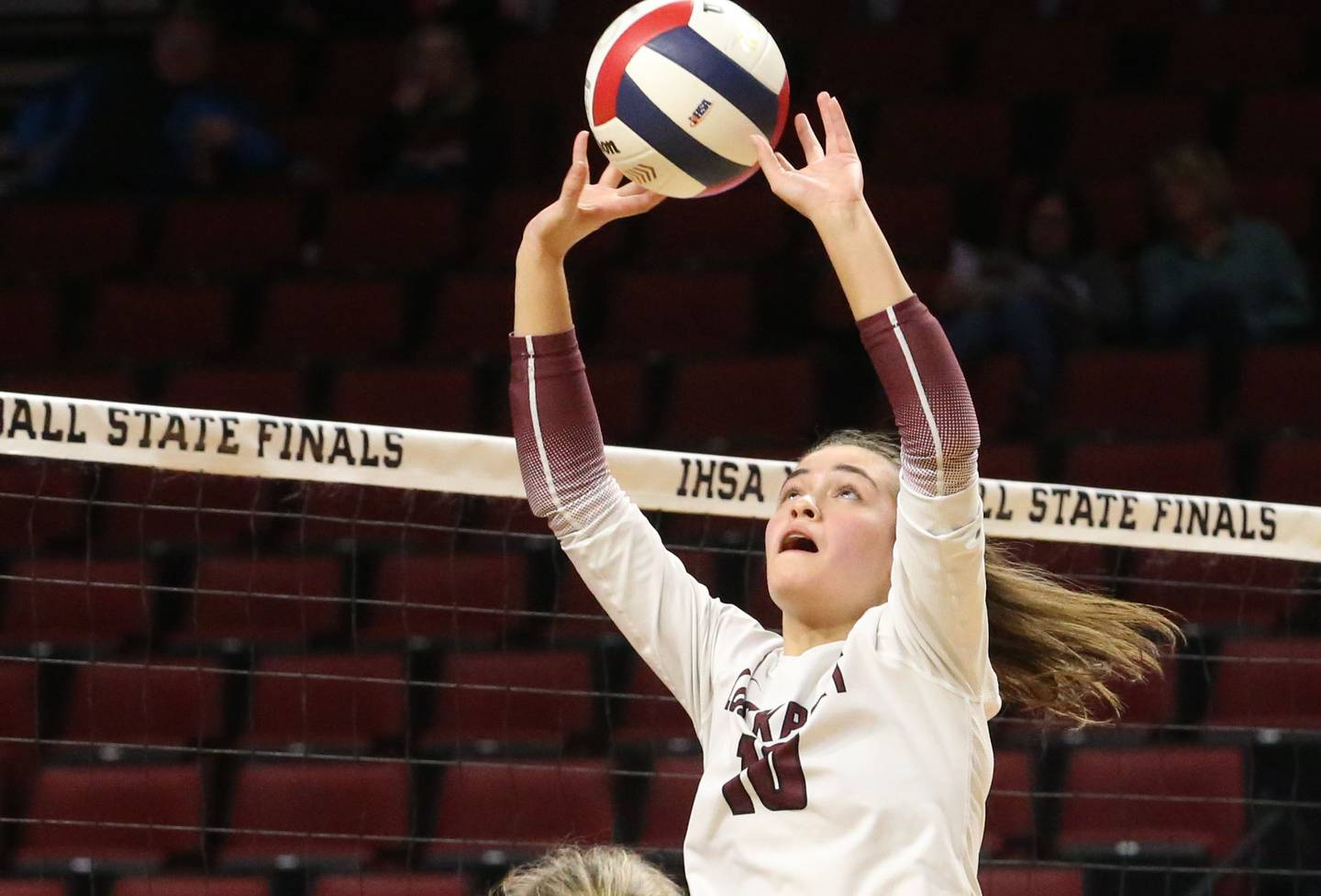Lockport's Natalie Bochantin sets the ball in the air during the Class 4A State semifinal game on Friday, Nov. 15, 2024 at CEFCU Arena in Normal.
