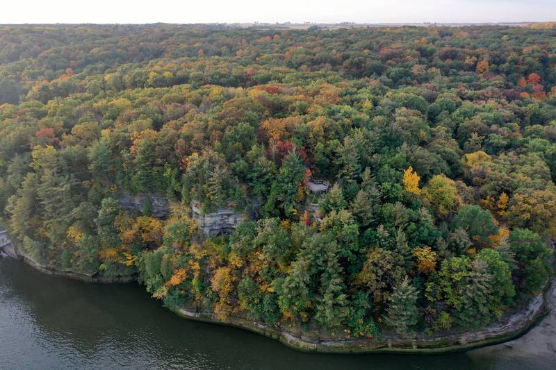 An aerial view of the fall colors over Lovers Leap and Eagle Cliff on Tuesday, Oct. 24, 2023 at Starved Rock State Park