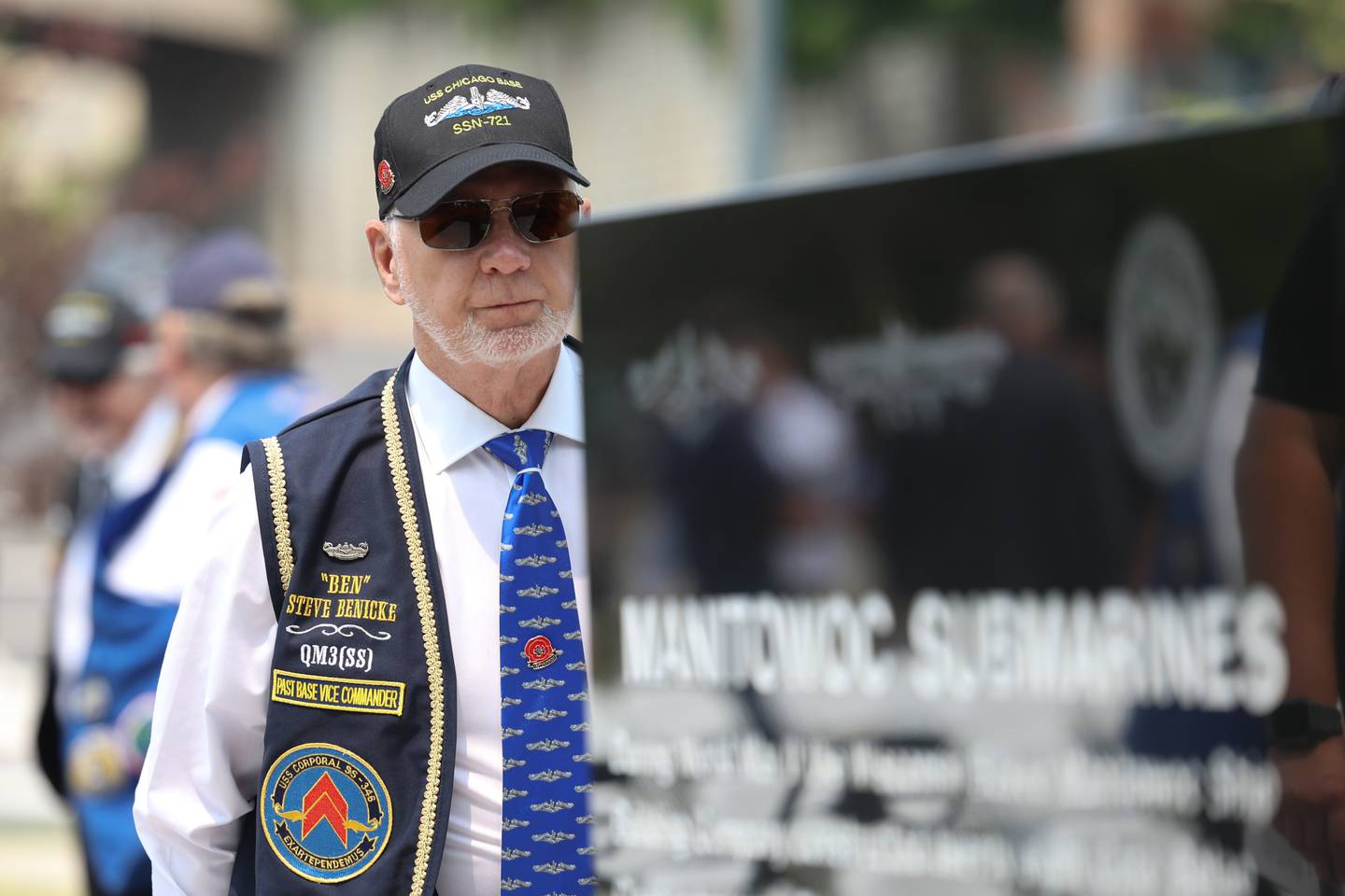 Navy veteran Steven “Ben” Benicke, who served on several submarines in the 60’s, views the new memorial at a special Flag Day ceremony dedicating a memorial to remember the 28 World War II Submarines that traveled through Joliet on their way to the Pacific theater in Bicentennial Park on Wednesday, June 14, 2023 in Joliet.