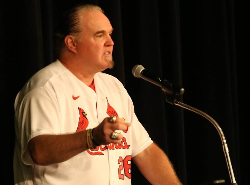 Former Major League Baseball infielder Scott Spiezio speaks to students in Matthiessen Auditorium on Wednesday, Oct. 24, 2024 at La Salle-Peru Township High School.