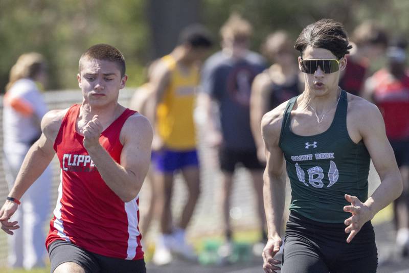 Marco Rizzi competes for St. Bede during the 100mm sprint during the Rollie Morris Invite at Hall High School on April 13, 2024.