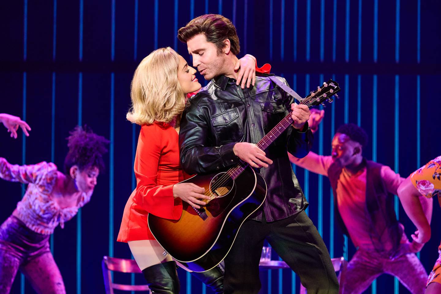 Hannah Jewel Kohn as 'Marcia Murphey,' Nick Fradiani as 'Neil - Then' and 'The Noise' in A Beautiful Noise_ The Neil Diamond Musical 2024 in Chicago - Photo credit Jeremy Daniel