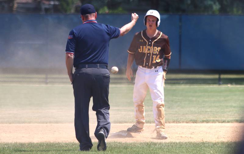 Jacobs’ Nathan Martinko is called out trying to steal second base again st Hononegah in Class 4A Sectional baseball action at Carpentersville Saturday.