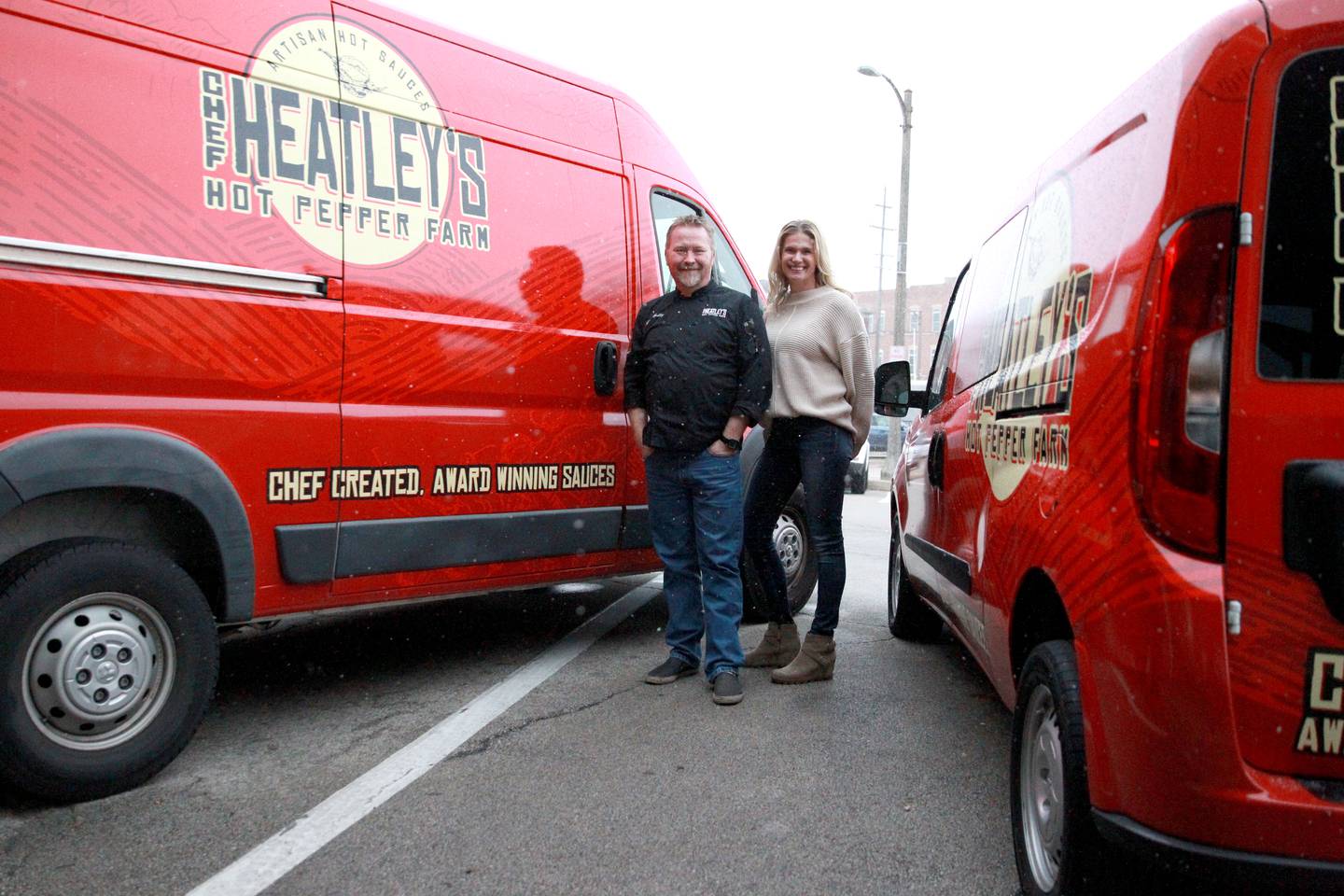 Chef David Heatley and Melissa Gawecki, sales manager, at Chef Heatley's Hot Pepper Farm in Sandwich where they specialize in creating artisan hot sauces.