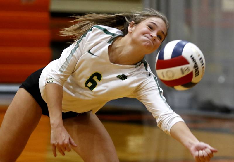 Crystal Lake South's Bobbi Wire digs the ball during the IHSA Class 3A Crystal Lake Central Regional volleyball final against Crystal Lake Central on Oct. 31, 2024, at Crystal Lake Central High School.