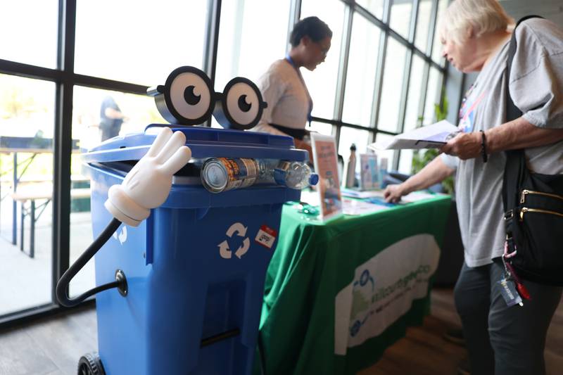 Loop greets people at the Green Escape Earth Day Event on Wednesday, April 22, 2026 in Joliet.