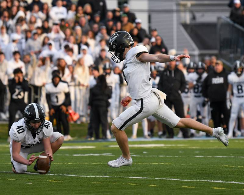 Fenwick's Noah Sur (6) kicks a point after touchdown goal putting Fenwick ahead of Nazareth Academy in overtime during the 6A semifinals game on Saturday Nov. 22, 2025, held at Nazareth Academy High School in La Grange Park.