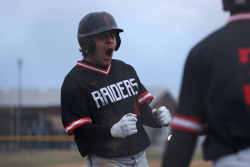 Bolingbrook’s Jonny Carrera celebrates after scoring the go-ahead run against Joliet Central on Tuesday, March 21st. 2023.