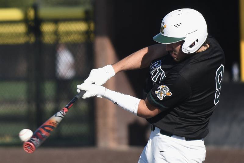 Coal City's Gabe McHugh hits a pitch during a game at Reed-Custer Tuesday, May 6, 2025.