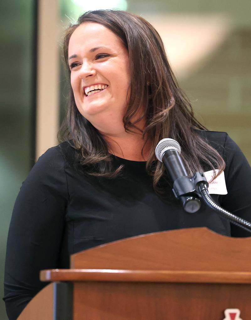 Cindy Green-Deutsch thanks supporters after she was announced as the recipient of the Athena Award Tuesday, Oct. 18, 2022, during the Athena and Women of Accomplishment Award reception at the Barsema Alumni and Visitors Center at Northern Illinois University in DeKalb.