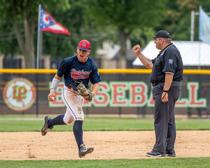 Ryan Lotus (2) of Illinois celebrates after making last out of inning on Thursday, July 17, 2025 at Washington Park in Peru.