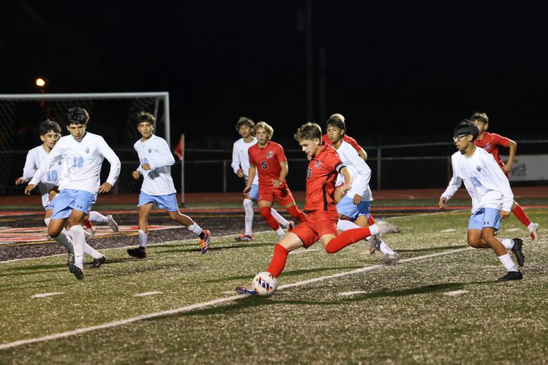 Bradley-Bourbonnais' Bennett Dykstra takes a shot on goal during the Boilermakers' 1-0 victory over Kankakee in the All-City matchup on Tuesday, Sept. 9, 2025.