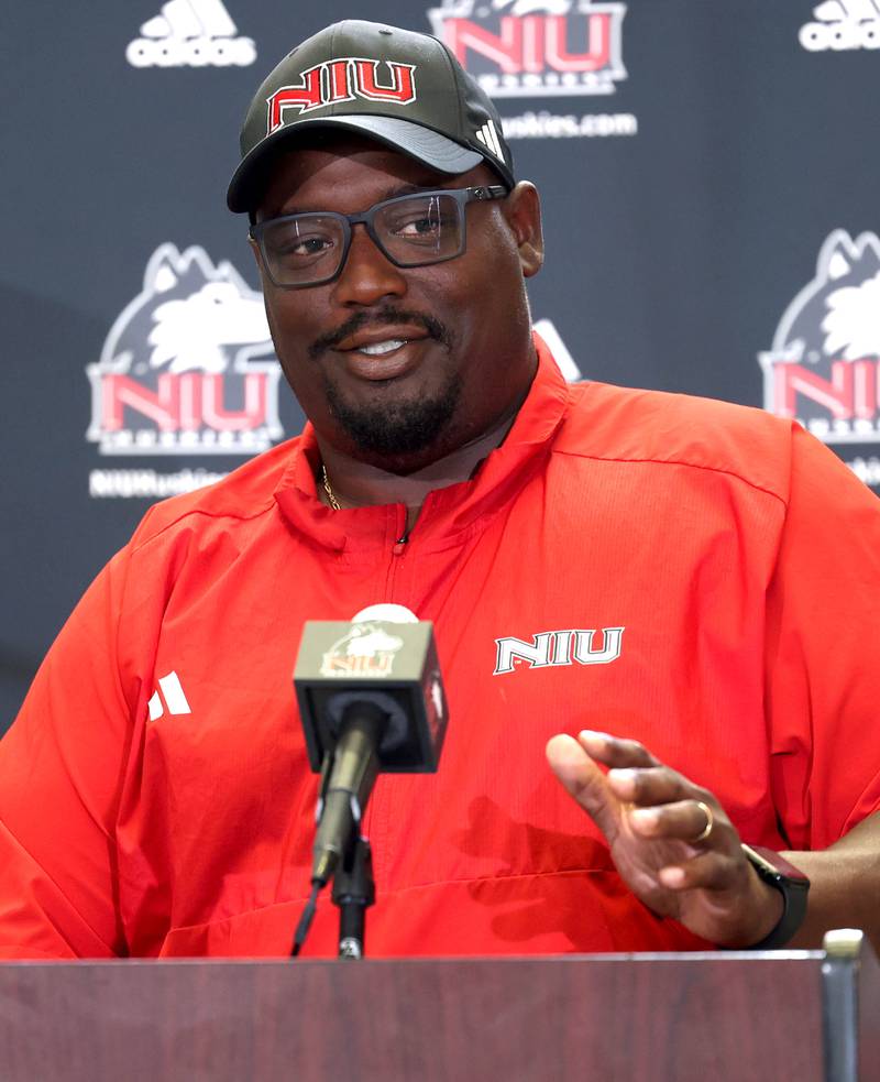 Thomas Hammock, Northern Illinois University football head coach, speaks Wednesday, Aug. 13, 2025, during the NIU fall sports media day in the Yordon Center at NIU in DeKalb.